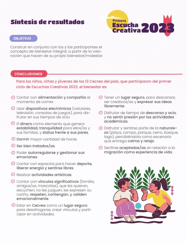 Principales conclusiones:
•	Contar con alimentación y compañía al momento de comer. 
•	Usar dispositivos electrónicos (celulares, televisión, consolas de juegos), para disfrutar en sus tiempos de ocio. 
•	El dinero como elemento que genera estabilidad, tranquilidad para ellos/as y sus familias, y status frente a sus pares.
•	Dormir mayor cantidad de horas. 
•	Ser bien tratados/as. 
•	Poder autorregularse y gestionar sus emociones.
•	Contar con espacios para hacer deporte, liberar energía y sentirse libres.
•	Realizar actividades artísticas.
•	Contar con vínculos significativos (familia, amigos/as, mascotas), que los/as quieran, escuchen, no les juzguen, les expresen su cariño, respeten, contengan, y validen emocionalmente.
•	Estar en Cecrea como un lugar seguro para desahogarse, crear vínculos y participar en actividades.
•	Tener un lugar seguro, para descansar, ser creativos/as y expresar sus ideas libremente.
•	Disfrutar de tiempo de descanso y ocio, y no sentir presión por las actividades académicas.
•	Disfrutar y sentirse parte de la naturaleza (playa, campo, parque, cerro, bosque, lago), percibiéndola como escenario que entrega calma y relajo.
•	Sentirse aceptados/as en relación a la migración como experiencia de vida.
